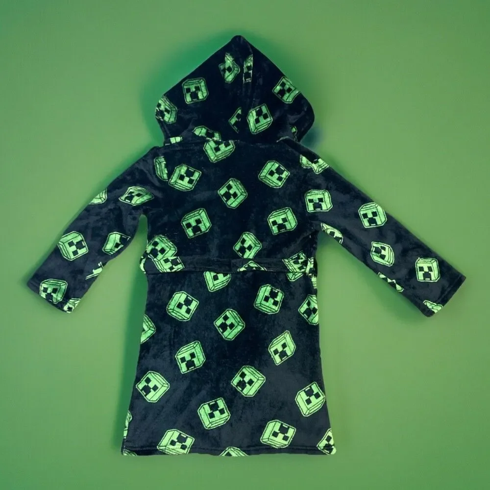 Minecraft Game Fleece Creeper Bathrobe Tie Wait Black/Green Kids Size L (10)